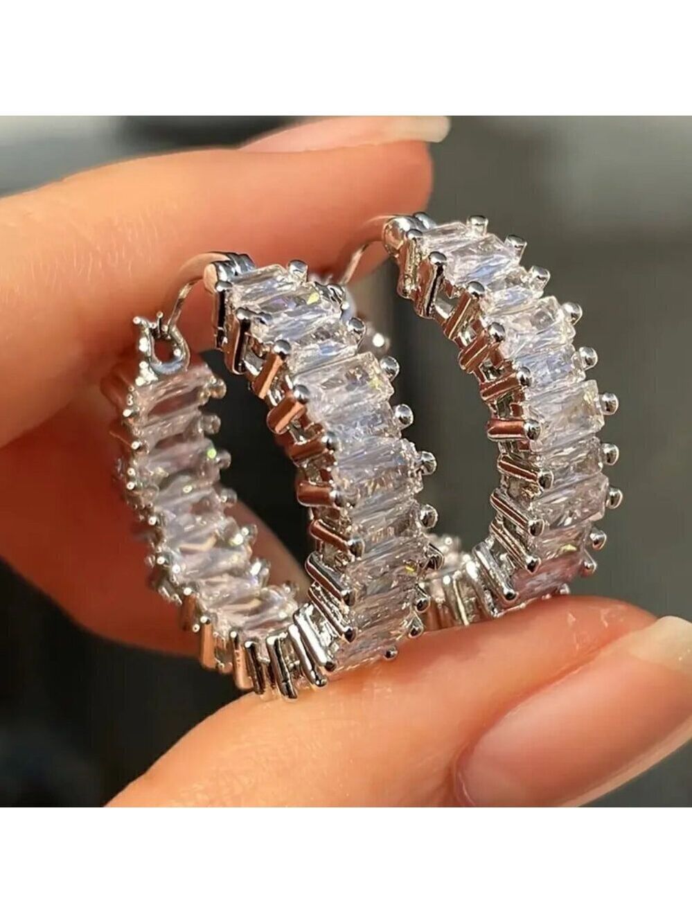 Huggie Small Hoop Earrings w/ Rectangular Stones and Tons of Bling #1419